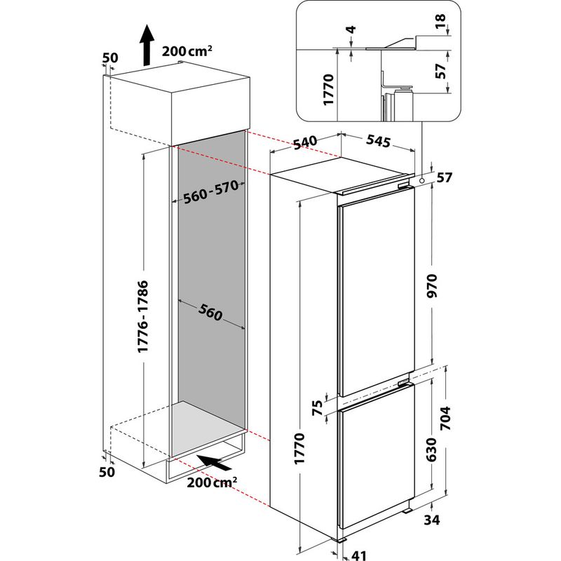 Indesit Combinación de frigorífico / congelador Encastre BI 18A2 D/I Blanco 2 doors Technical drawing