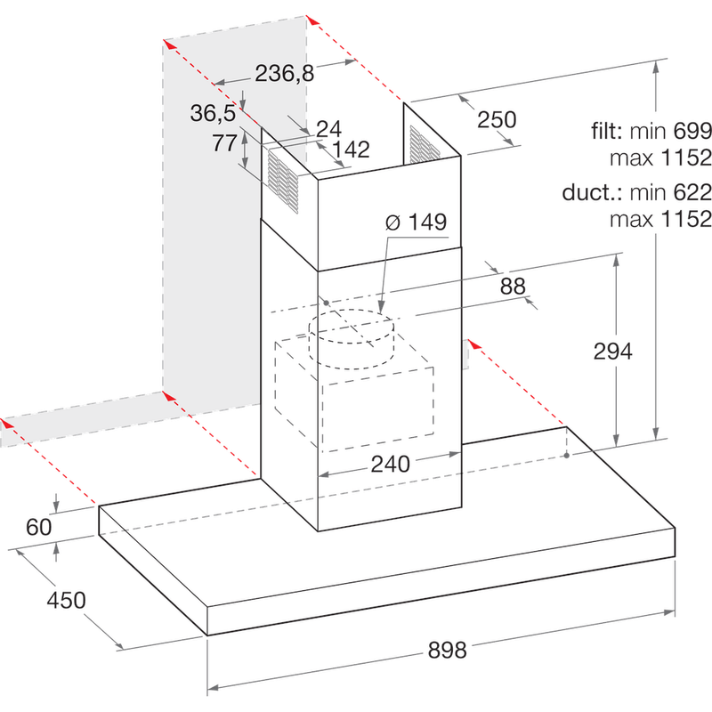 Indesit Campana Encastre IHBS 9.4 LM X Inox Wall-mounted Mecánico Technical drawing
