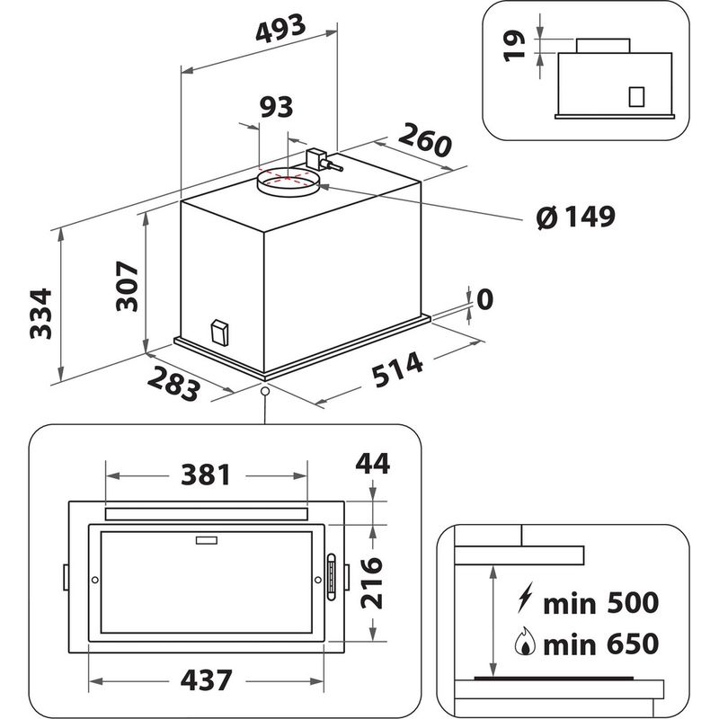 Whirlpool Campana Encastre WCT3 64 FLB X Inox Encastre Mecánico Technical drawing